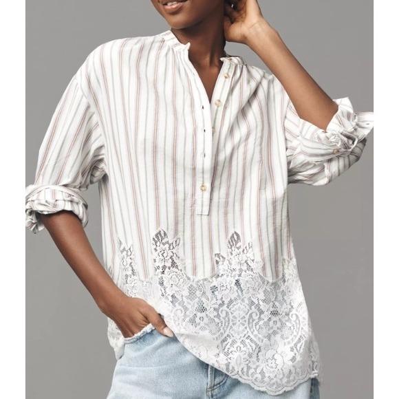 Pilcro Anthropologie Striped Lace Tunic Blouse Top Button Down XL - Picture 1 of 9